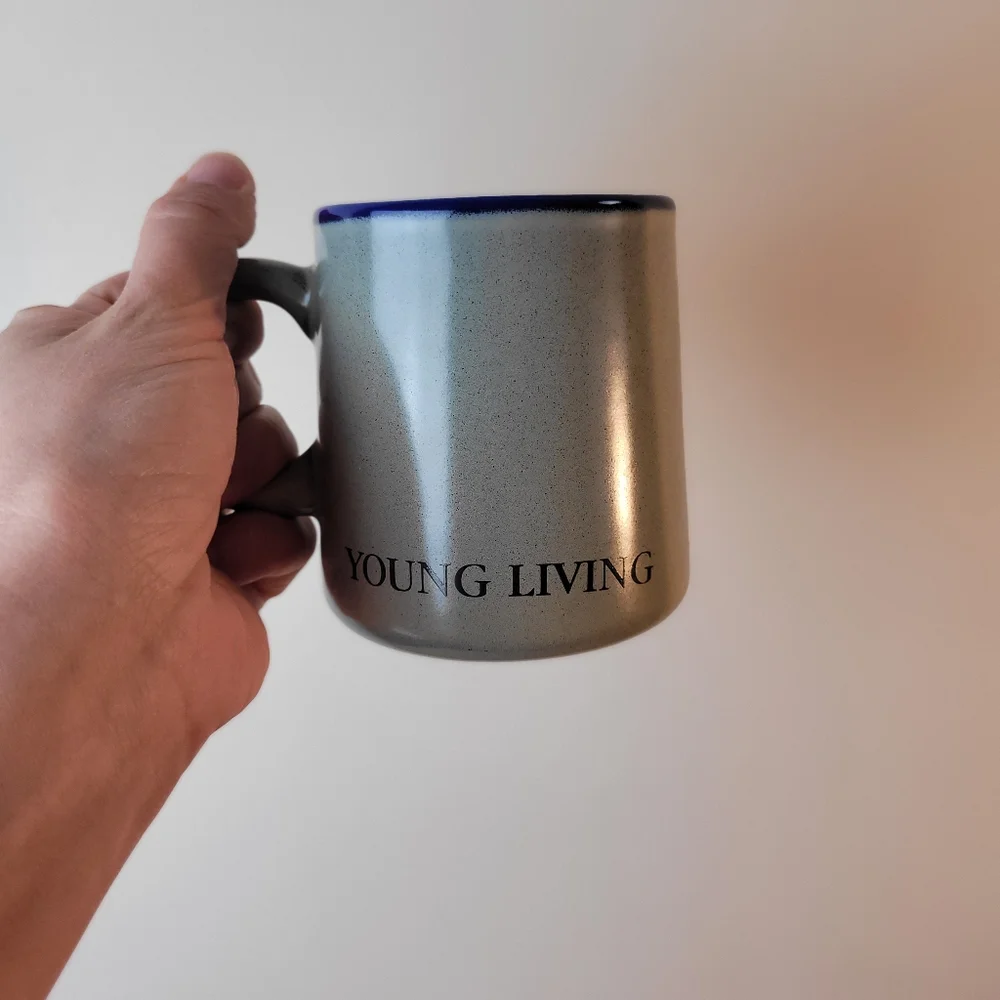 Young Living Mug Stoneware Coffee Cup Gray Blue. Speckled Ceramic. Round Handle.